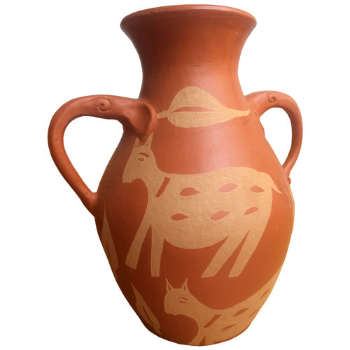 <center>12" Handled Mathila Vases from Kathmandu</br>from Nepal</br>Vase Measures - 12 1/8" tall x 11" wide</br>