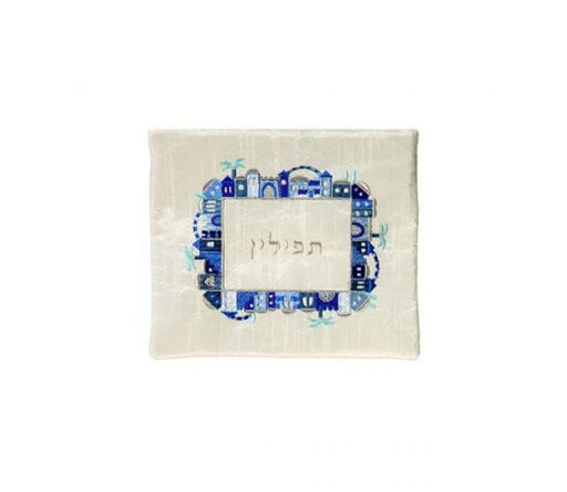 Yair Emanuel Embroidered Tallit & Tefillin Bag - Jerusalem Frame on Off White - Culture Kraze Marketplace.com