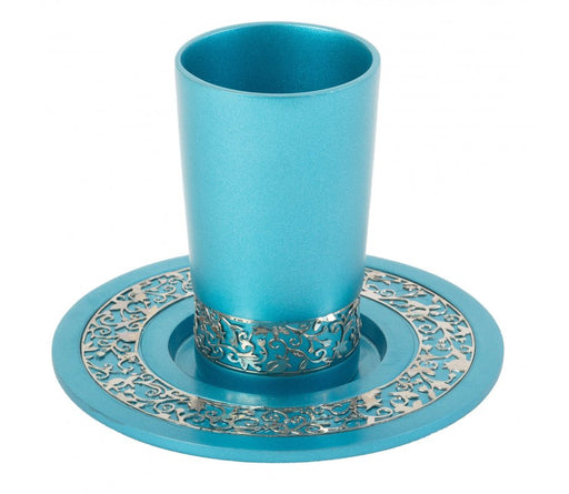 Yair Emanuel Brushed Aluminum Kiddush Cup Set Pomegranate Filigree Design - Turquoise - Culture Kraze Marketplace.com