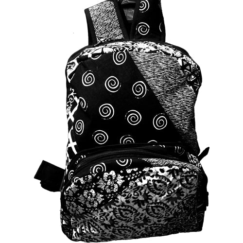 <center>Black and White Patchwork Backpack </br>Crafted by Artisans in India </br>Measures 17” high x 12-1/2” wide x 6-1/2” deep</center>