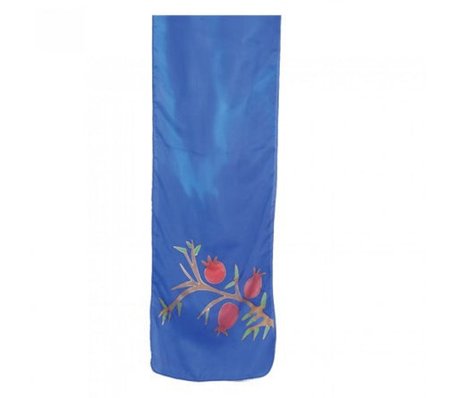Yair Emanuel Hand Painted Blue Narrow Pure Silk Scarf - Red Pomegranates - Culture Kraze Marketplace.com
