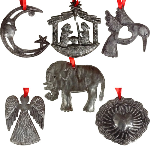 <center>Upcycled Metal Ornaments</br>Handmade from Metal Drums in Haiti</center>