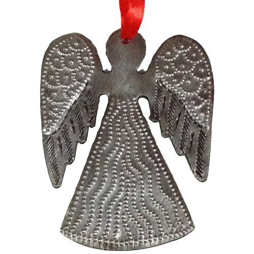 <center>Upcycled Metal Angel Ornament</br>Measures - 3-1/8" high x 2-1/2" wide<br/>Handmade from Metal Drums in Haiti</center>