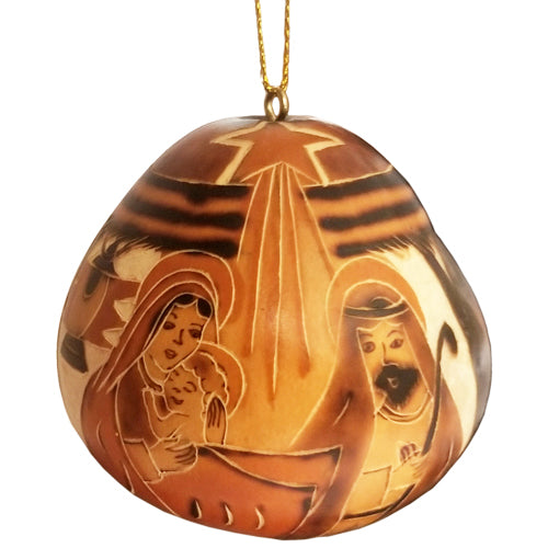 <center>Gourd Nativity Ornament - Front - Mary, Joseph, and Baby Jesus</br>Handmade by Artisans in Peru</center>