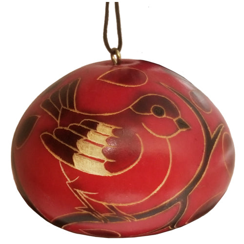 <center>Red Gourd Ornament with Etched Birds (Front View) crafted by Artisans in Peru </center>