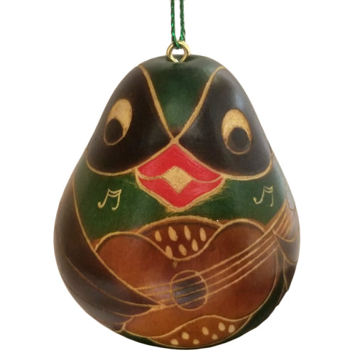<center>Green Bird Gourd Ornament Playing a Guitar (Front View) <br> crafted by Artisans in Peru </center>