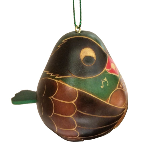 <center>Green Bird Gourd Ornament Playing a Guitar (Side View) <br> crafted by Artisans in Peru </center>