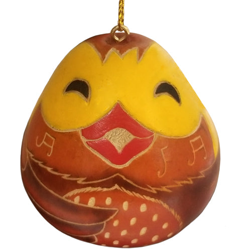 <center>Singing Bird Gourd Ornament (Front View) <br> crafted by Artisans in Peru </center>