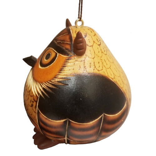 <center> Gourd Owl Ornament w/ Ceramic Attachments (Side View)</br>Crafted by Artisans in Peru</center>
