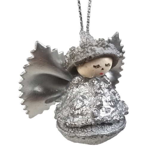 <center>Side View of Angel Ornament flying with its Pasta Wings<br>Handmade by Artisans in Ecuador</center>
