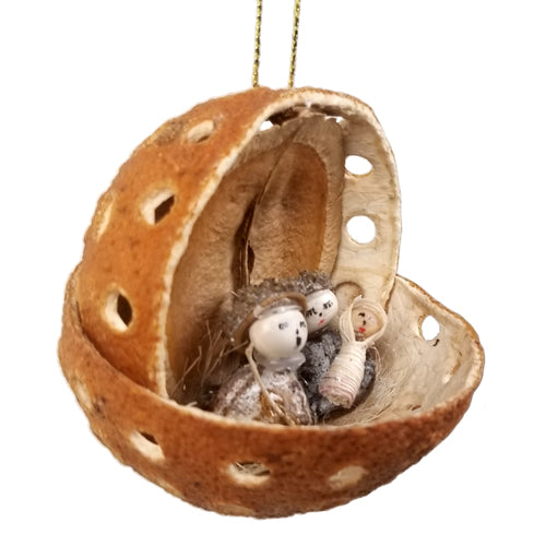 <center> Side View of Orange Peel Nativity Ornament<br>It is produced by Artisans in Ecuador </center>