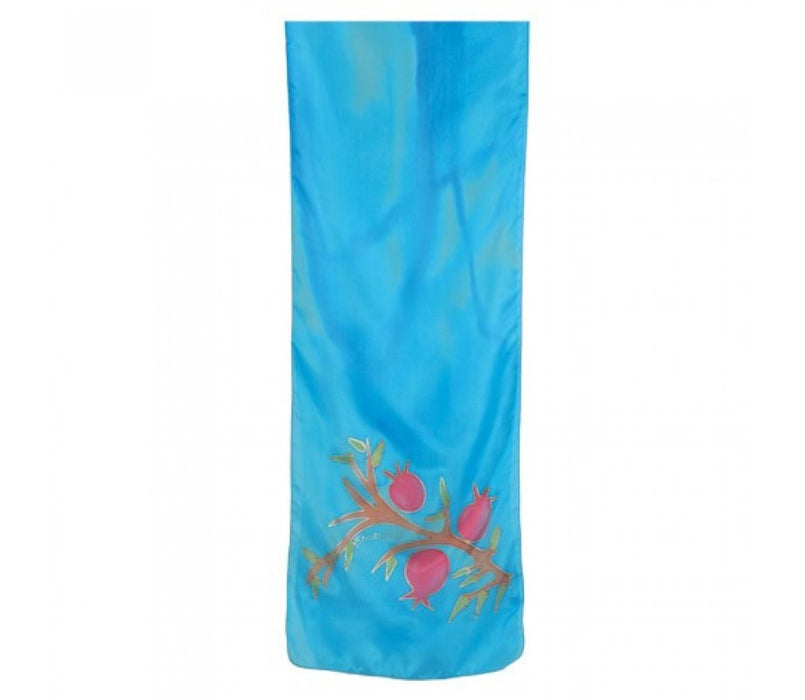 Yair Emanuel Hand Painted Turquoise Narrow Pure Silk Scarf - Red Pomegranates - Culture Kraze Marketplace.com