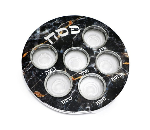 Pesach Passover Seder Plate with Six Glass Bowls - Black Gold Marble Design - Culture Kraze Marketplace.com