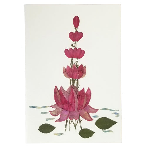 <center>Lotus Flower - Handmade Floral Greeting Card</br>Made by Woman Artisans in El Salvador</br>Designed by Children of Balashram in India </br>Measures: 6-7/8 in. tall x 4-3/4 in wide</center>
