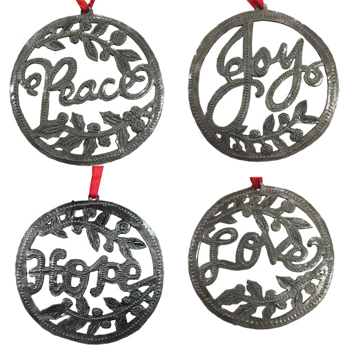 <center>Upcycled Metal Word Ornaments - Approximately 4" in Diameter</br>Handmade from Metal Drums in Haiti</center>