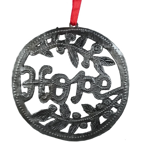 <center>Upcycled Metal Hope Ornament</br>Measures Approximately 4" in Diameter<br/>Handmade from Metal Drums in Haiti</center>