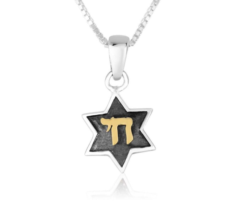 Sterling Silver Pendant Necklace - Star of David with Gold Plated Chai - Culture Kraze Marketplace.com