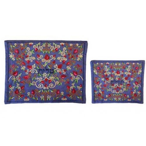 Yair Emanuel Blue Embroidered Tallit and Tefillin Bag Set - Pomegranates - Culture Kraze Marketplace.com