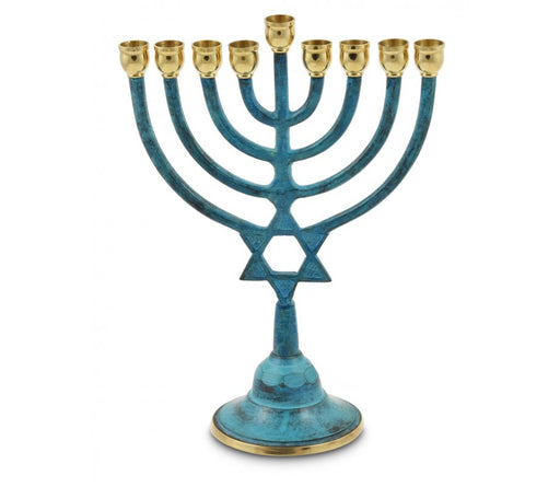 Patina and Gold Chanukah Menorah with Star of David, For Candles - 9 Inches - Culture Kraze Marketplace.com