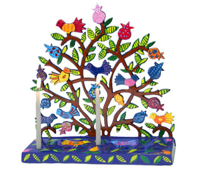 Yair Emanuel Hand Painted Laser Cut Hanukkah Menorah - Birds on Pomegranate Tree - Culture Kraze Marketplace.com