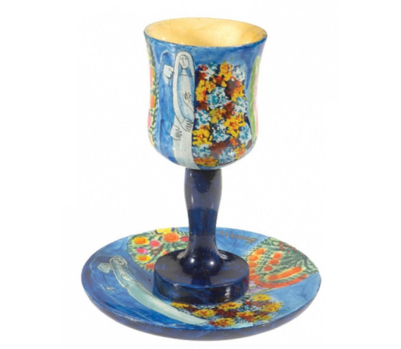 Yair Emanuel Hand Painted Wood Stem Kiddush Cup and Saucer - Bridal Figures - Culture Kraze Marketplace.com