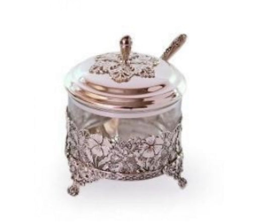 Silver Plated Honey or Sugar Dish with Cover and Spoon - Floral Design - Culture Kraze Marketplace.com