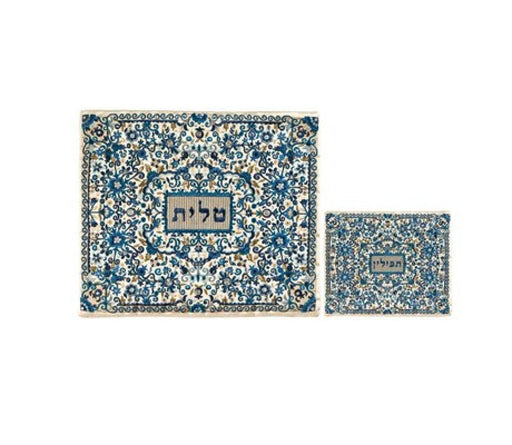 Yair Emanuel Embroidered Blue Beige Tallit & Tefillin Bag Set - Flowers - Culture Kraze Marketplace.com