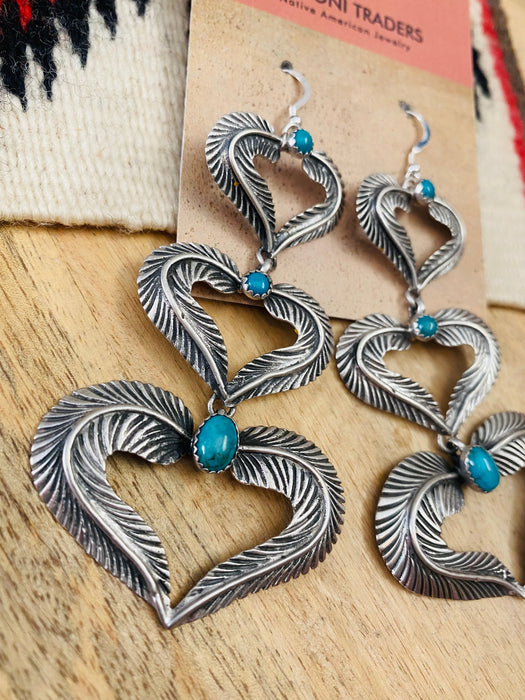 Navajo Turquoise & Sterling Silver Feather Heart Dangle Earrings - Culture Kraze Marketplace.com