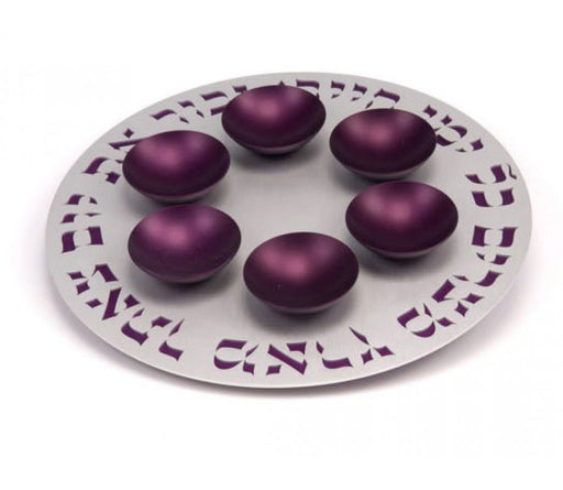 Silver Color Seder Plate with Purple Cups - Agayof - Culture Kraze Marketplace.com