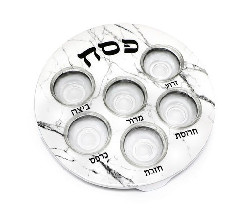 Pesach Passover Seder Plate with Six Glass Bowls - White Gray Marble Design - Culture Kraze Marketplace.com
