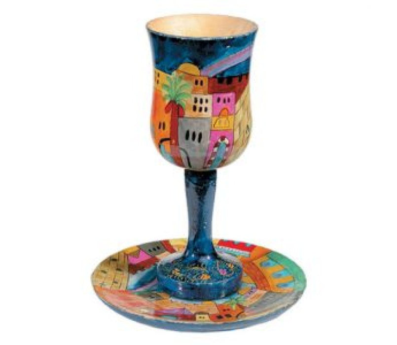 Yair Emanuel Hand Painted Large Wood Kiddush Cup with Coaster - Jerusalem Views - Culture Kraze Marketplace.com