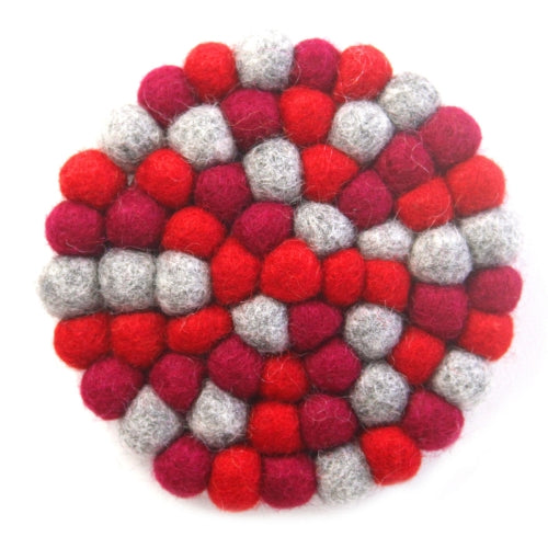 Hand Crafted Felt Ball Trivets from Nepal: Round Chakra, Reds - Global Groove (T) - Culture Kraze Marketplace.com