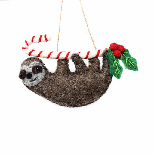 Hand Crafted Felt from Nepal: Ornament, Candy Cane Sloth - Global Groove (H) - Culture Kraze Marketplace.com