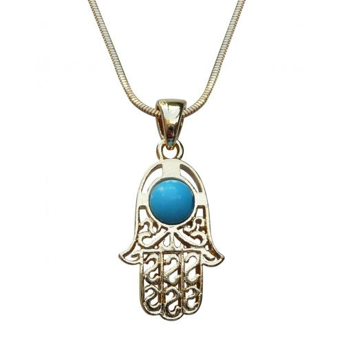 Rhodium Pendant Necklace, Filigree Hamsa with Blue Stone - Gold - Culture Kraze Marketplace.com