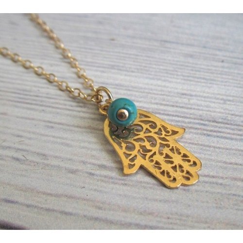 Gold Filled Filigree Work Hamsa Necklace with Turquoise - Culture Kraze Marketplace.com