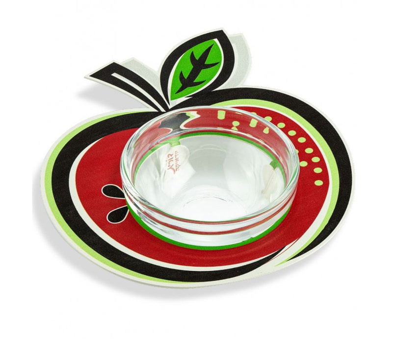 Dorit Judaica Apple Shaped Honey Dish with Glass Bowl - Red Black and Green - Culture Kraze Marketplace.com