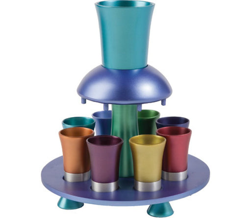 Yair Emanuel Aluminum Kiddush Fountain with Goblet, 8 Cups & Tray - Multicolored - Culture Kraze Marketplace.com