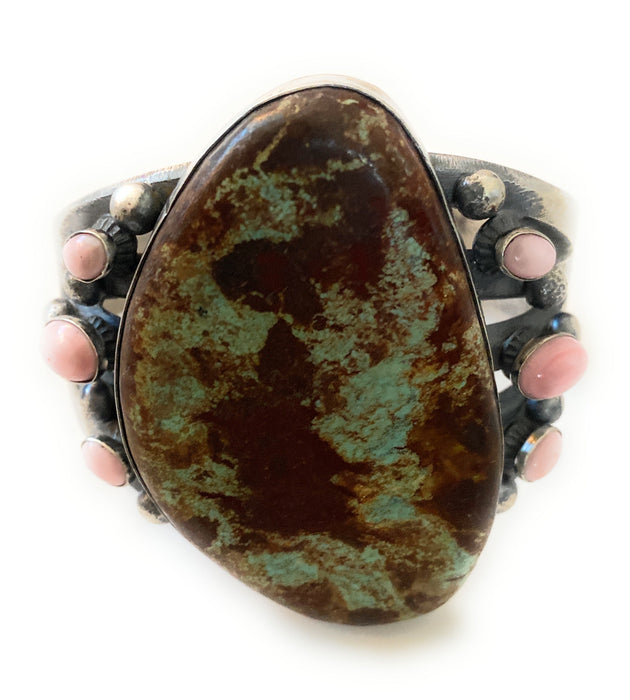 Navajo Turquoise, Queen Pink Conch Shell & Sterling Silver Cuff Bracelet By Chimney Butte