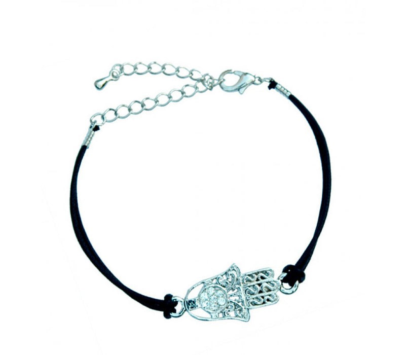 Rhodium Hamsa Bracelet on Leather Cord - Culture Kraze Marketplace.com
