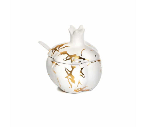 Pomegranate Shaped Honey Dish, Lid and Spoon - White with Gold Streaks - Culture Kraze Marketplace.com