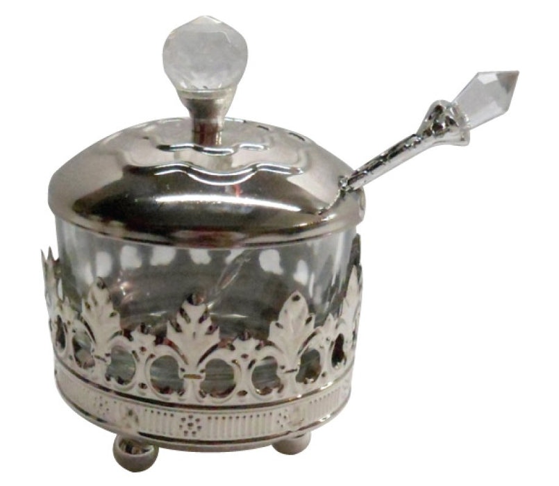 Silver Nickel and Glass Rosh Hashanah Honey Dish with Cover and Spoon - Filigree - Culture Kraze Marketplace.com