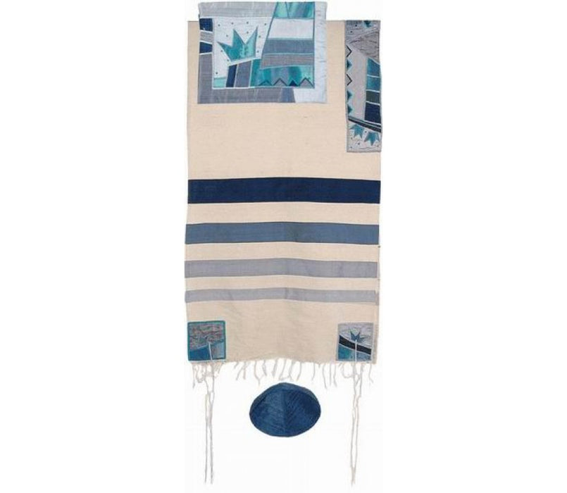 Yair Emanuel Silk Appliqued Tallit Set Stripes and Crowns - Blue - Culture Kraze Marketplace.com