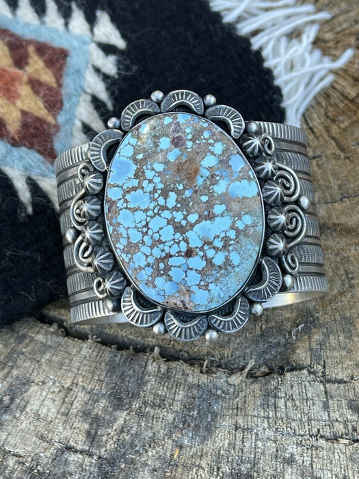 Navajo Handmade Sterling Silver & Number 8 Turquoise Signed Cuff Signed