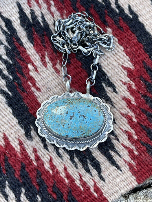 Navajo Sterling Silver & Royston Turquoise Stone Southwest Necklace Signed