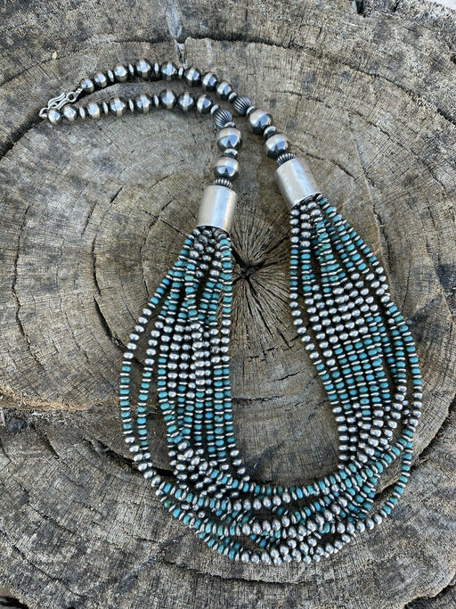 Navajo Sterling Silver & Turquoise Beaded 10 Strand Necklace - Culture Kraze Marketplace.com