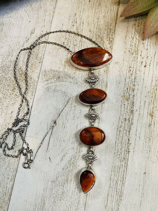 Navajo Orange Spiny & Sterling Silver 4 Stone Lariat Necklace - Culture Kraze Marketplace.com