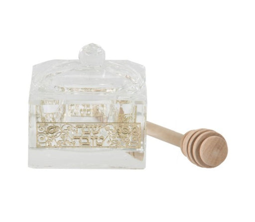Square Crystal Honey Dish with Gold Decorative Metal Plaque, Lid and Dipper - Culture Kraze Marketplace.com