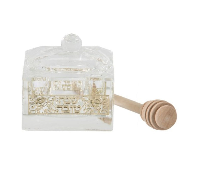 Square Crystal Honey Dish with Gold Decorative Metal Plaque, Lid and Dipper - Culture Kraze Marketplace.com