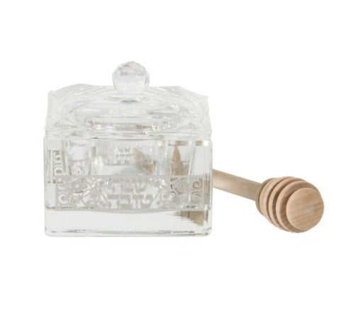 Square Crystal Honey Dish with Silver Decorative Metal Plaque, Lid and Dipper - Culture Kraze Marketplace.com