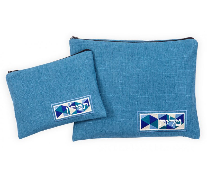 Ronit Gur Tallit and Tefillin Bags Set, Linen Like Blue Vitrage Design - Culture Kraze Marketplace.com